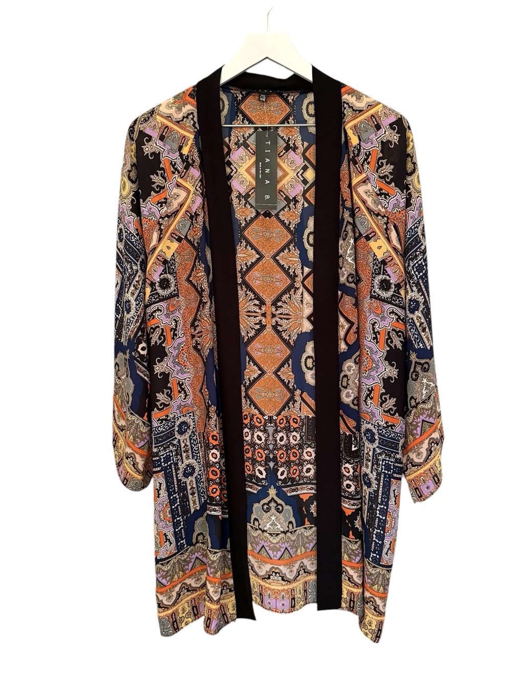 NWT Tiana B. Vibrant Colorful Geometric Paisley Print Open Front Cardigan 16W